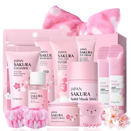 Sakura Gesichtspflege Set 10 Stück,Japan Sakura Skincare Set，Hautpflege Set für Teenager-Mädchen, Euchtigkeit, Anti Aging, Teenager Mädchen Geschenke Reisegrößen Produkte Korean Skincare Set