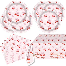 41pcs Cherry Birthday Decorations,Pink Bows Plates and Napkins Tablecloth Disposable Scalloped Bowknot Party Supllies Fruits Cherry Table Party Decor Favors, Serves 20