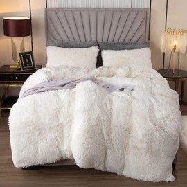EMME EMME Plush Shaggy White Duvet Cover Set Twin Size Fluffy Fuzzy Comforter Cover Set for Twin Bed 2 Piece Luxury Bedding Duvet Covers (White, Twin)