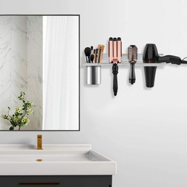 Hair Tool Organizer Wall Mounted, Sturdy Pine Wood Construction, Removable Stainless Steel Cup, Holds Hair Dryers, Straighteners, Curling Irons, Brushes, and More, White