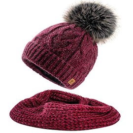 MFAZ Morefaz Ltd Set Scarf & Hat Women Mohair Wool Winter Beanie Hat Worm Knitted Neck Hats Fleece Pom Pom (Burgundy Set Hat&Scarf)
