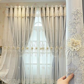 Amidoudou 1 Pair Luxury European Curtains with Valance for Living Room Bedroom Double Layer Embroidered Room Darkening Curtains (Grey,51x95 Inch)