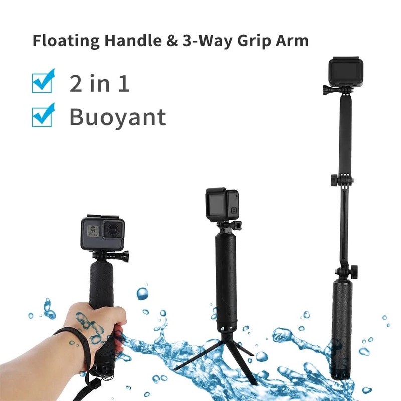 Waterproof Selfie Stick Floating Hand Grip + 3-Way Grip Arm
