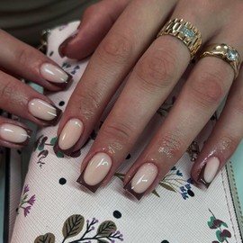 30Pcs Brown French Tip Press on Nails Short Square Nails Press ons, Short Fake Nails Coffin Acrylic Nails French Glue on Nails Short False Nails for Women, Natural French Short Gel Nails 15 Sizes