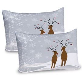 Ambesonne Christmas Pillow Sham Set of 2, Reindeers at Noel Time Yule with Snowflakes in Winter Santa Print, Quality Microfiber Bedding Item for All Seasons, 26" X 20", Grey White