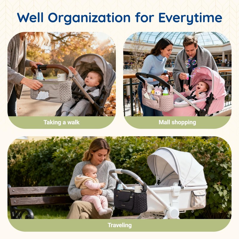 mommore Stroller Organizer with Insulated Cup Holders, Adjustable Stroller Caddy