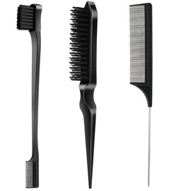 3 Pcs Slick Back Hair Brush Set, Black Curly Hair with Edge Brush, Bristle Hair Brush, Rat Tail Comb for Women, Teasing Hair Brush for Smoothi