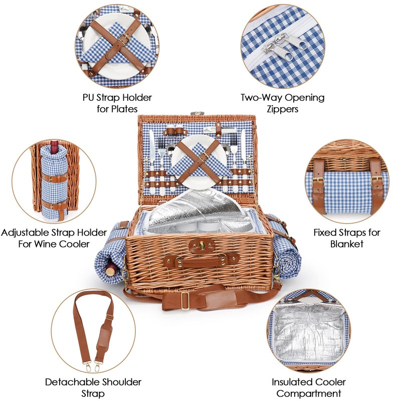 Picnic Basket for 2, Insulated Willow Picnic Baskets with Shoulder