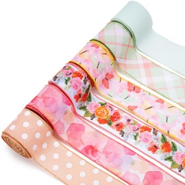 LaRibbons Floral Ribbon Wired 6 Rolls 2.5 Inch x 36 Yards TTL, Yellow Green and Pink Butterfly Flower Ribbon with Plaid and Polka Dot Printed for Spring Summer Crafts Wrapping Wreath Bow Decoration