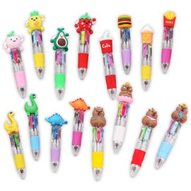 Leseogye 16 Pcs Party Bag Fillers for Kids, Mini Multicoloured Pen All in One 4 in 1 Cute Pens Bulk, Cartoon 4-Color Pen Set, Children Birthday Gift