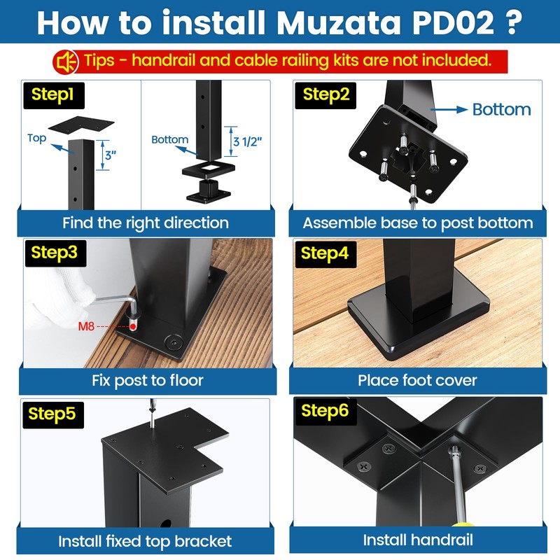 Muzata Aluminum Black Corner Cable Railing Post 36 Inch 36"X2"x2"