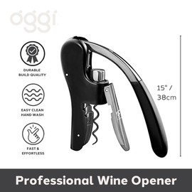 OGGI Lever Action Corkscrew Wine Bottle Opener, Manual Handheld Corkscrew with Lever Pump, Standing Design, Nonstick Worm & Easy No-Twist Cork Removal - Black/Stainless Steel