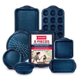 BAKKEN Kitchen Baking Pan Set - Nonstick Coating, Carbon Steel Bakeware Sets with Blue Silicone Handles, Baking Kitchen Essentials, PFOA, PFOS, PTFE Free, Oven Safe Tray (Up To 450° F), Set of 8