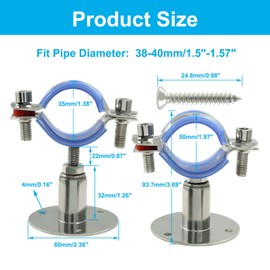 Auvotuis 2PCS 304 Stainless Steel Wall Mount Ceiling Mount Pipe Supports,Suitable for OD Pipe 1-1/2"(38-40mm),Adjustable Height 30-50mm, Adjustable Pipe Bracket Clamp with Screws