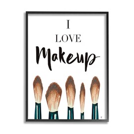 Stupell Industries I Love Makeup Expression Glam Cosmetic Brushes, Designed by Elizabeth Tyndall Black Framed Wall Art, 11 x 14