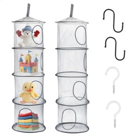DIBALIYI 2 PCS Hanging Mesh Storage Net, 4 Tier Teddy Storage Basket with Hook, Grey Foldable Storage Bag, Space Saving Organizer for Toys Clothes