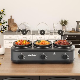 SUNVIVIPRO Triple Slow Cooker, Buffet Food Warmer with three 1.5-Quart Removable Ceramic Pots, Buffet Servers and Warmers with Glass Lids and 3 Spoons, Stainless Steel,Grey