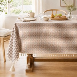 Coffee Gingham Tablecloth, Linen Farmhouse Tablecloth with Tassel, 60x84 In