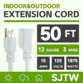 Ultra Explorer White Outdoor Extension Cord 50 Ft, 12/3 SJTW Heavy Duty Extension Cable with 3 Prong Grounded Plug, 15 AMP Power Cord for Lawn, Garden, Appliances