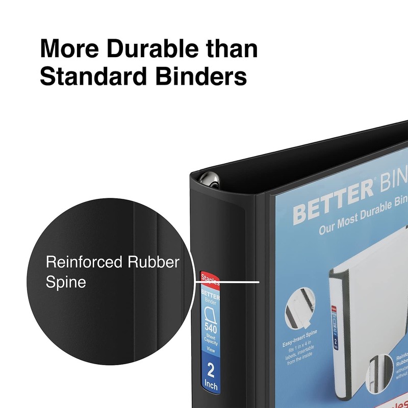 Staples Heavy-Duty 2-Inch D-Ring Binder, Black – Large Capacity 3-Ring