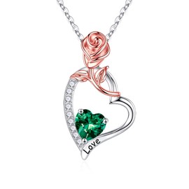 Iefil Birthstone Necklaces for Women - Anniversary Birthday Gifts for Women, Emerald Necklace, May 925 Sterling Silver Rose Heart Birthstone Necklace for Women, Jewelry Gifts for Her Wife Mom Sister