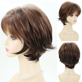 SEVENCOLORS Short Mixed Brown Wigs with Dark Roots Natural Layered Blonde Highlights Wigs for Women Full Synthetic Hair Short Wigs