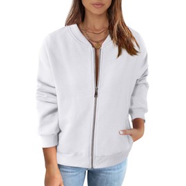 MEROKEETY Womens Long Sleeve Zip Up Sweatshirts Jackets Casual Loose Outwear with Pockets, White, Medium