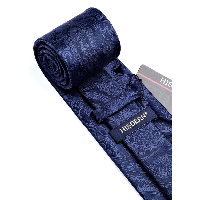 HISDERN Mens Solid Navy Blue Paisley Wedding Tie Handkerchief Men's