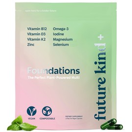 Future Kind Carrageenan-Free Foundations Multivitamin for Women & Men with Omega-3, B12, D3, Zinc, Iodine, Magnesium, K2 & Selenium, Vegan, Compostable Bag (60ct)