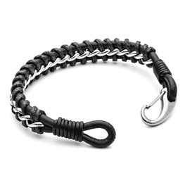 Tribal Steel Men's Black Leather & Wax Cord Braided Bracelet - Men's 21cm Plaited Leather Bracelet with Stainless Steel Lobster Clasp