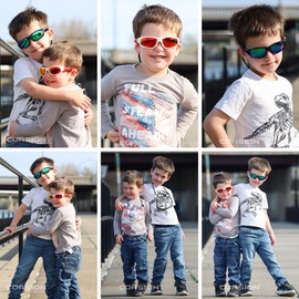 COASION Kids Sports Polarized Sunglasses with Strap 2 Pack Mirrored Glasses Shades for Boys Girls Age 4-12 (Black/Grey+Black/Blue Mirror)