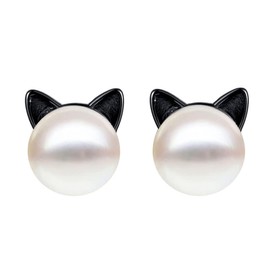 S.Leaf Cat Earrings Pearl Earrings Sterling Silver Earrings for Women Cat Memorial Gifts Cat Gifts for Cat Lovers