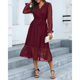 Women Burgundy Maroon Red Long Sleeve Fall Wrap Swiss Dot Wedding Guest Bridesmaid Midi Casual Long Boho Maxi Dress 2023