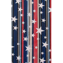 Americana Vinyl Tablecloth - Patriotic Stars on Red, White, Blue, and Black Wood Grain Stripes, Flannel Back (52" x 90" Oblong)