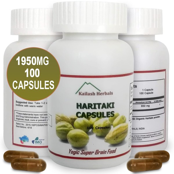 Kailash Herbals Organic Haritaki Capsules – 2420MG - Improves Digestion - Detoxification & Rejuvenation – Maintains Regularity - Brain Function- 100 Capsules Terminalia chebula | Vegan, Non-GMO