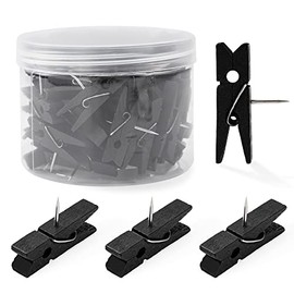 50pcs Black Wooden Push Pin Clips - Cute Decorative Push Pins for Cork Board, Pushpins Thumb Tacks for Bulletin Board, Artworks Notes Photos, Office Classroom Decor