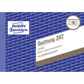 AVERY Zweckform 302 Quittungsblock (A6 quer, 50 Blatt, mit Ausfüllhilfe, fälschungssicherer Dokumentendruck, für Beträge über 250€ mit separater MwSt., für DE/AT) weiß