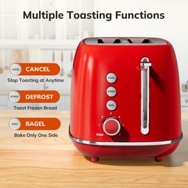 2 Slice Stainless Steel Toaster Retro with 6 Bread Shade Settings, Bagel, Cancel, Defrost Function, Extra Wide Slot, Removable Crumb Tray, Red
