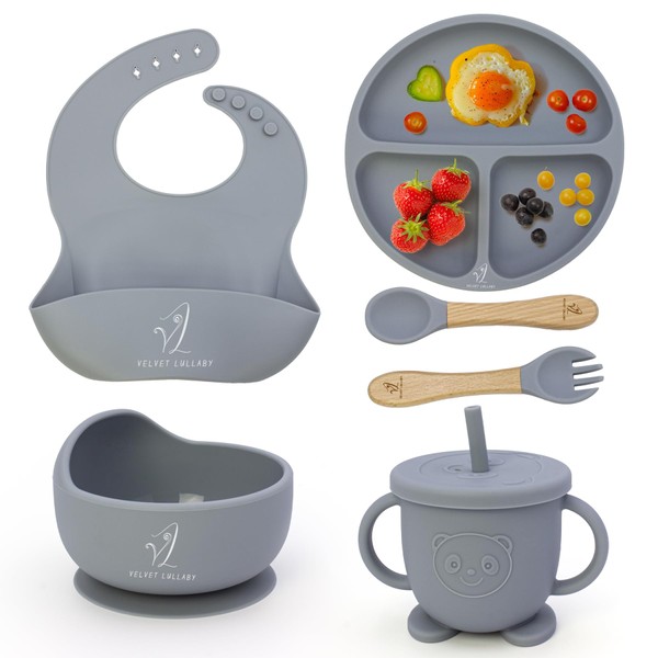 Velvet Lullaby Baby Feeding Set - Silicone Bib, Suction Plate,