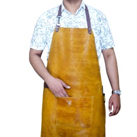 Premium Dual-Tone Yellow Leather Apron 36"x26" – Vintage Heavy-Duty Work Apron with Adjustable Straps, Brass Hardware & Tool Pockets – For BBQ, Bartending, Blacksmithing & Woodworking