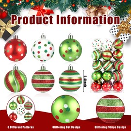 30 Pcs 2.4 Inch Christmas Ball Ornaments Glittering Red Green White Ball Ornaments Elf Balls Swirl Candy Cane and Peppermint Hanging Ball Decor for Xmas Tree Party Decoration