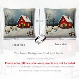 Forest Charger Christmas Pillow Cover 18x18 Inch, Winter Farmhouse Throw Pillow with Snowy House and Sheep, Holiday Home Decor for Couch Sofa, Festival Gift Idea