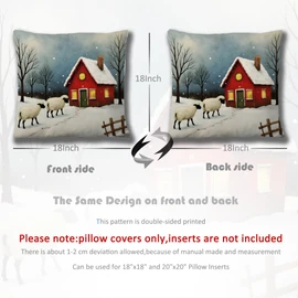 Forest Charger Christmas Pillow Cover 18x18 Inch, Winter Farmhouse Throw Pillow with Snowy House and Sheep, Holiday Home Decor for Couch Sofa, Festival Gift Idea