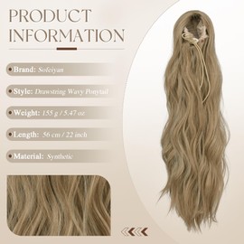 Sofeiyan Ponytail Hairpiece with Drawstring, 56 cm Long Wavy Braid Ponytail Hair Extension, Synthetic Natural Drawstring Ponytail Extension for Women, Dark Blonde and Bleach Blonde