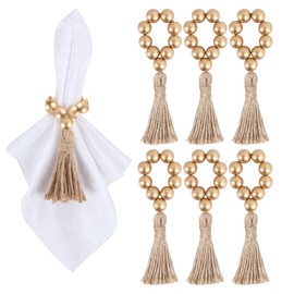Meplait 6 Pieces Wooden Bead Napkin Rings, Farmhouse Stretchable Napkin Rings with Tassel Boho Napkin Rings for Dining Table,Wedding Decoration (Gold)