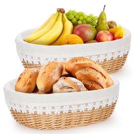WILLOW WEAVE 14" Handmade Wicker Bread Basket for Serving, Set of 2 Bread Storage Container and Fruit basket with Removable Liner for Bakers, House Warming, Hostess Farmhouse