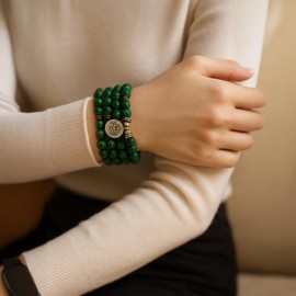 Homaisson Mala Bead Strand Bracelet, 108 Beads Bracelet for Prayer and Meditation, Japa Mala Necklace with Green Stripes, Gold Lotus Pendant, Ideal Present for Spiritual Practices