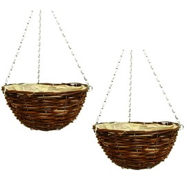 Fyne-Finds Set of 2 Dark Brown Wicker Hanging Basket Lined Rattan Willow Planter 25cm, 10inch