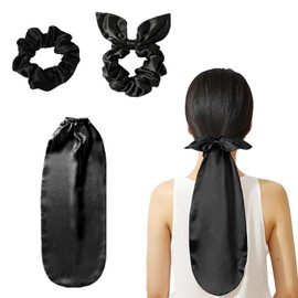 Silk Hood Sleep Cap 2-in-1 Set, with Silk Hair Scrunchie, for Long Hair, Hair Protection at Night Against Frizz & Hair Breakage (Black)