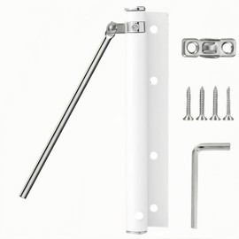 Automatic Door Closer, 150 Degree Opening Angle Safety Spring Self Closing Hinge, Adjustable Catch Speed Closure, Auto Doors Top Latch Soft Close, Stainless Steel, with Force Arm, Screws and Wrench